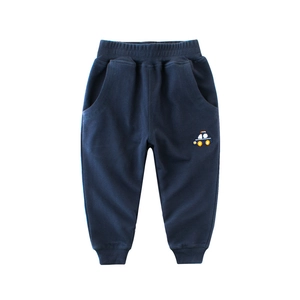 Pantaloni in maglia di cotone per bambini blu navy con vita elastica e ricamo di auto