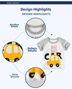 Détail d'un t-shirt en coton pour bébé avec motif voiture et manches raglan