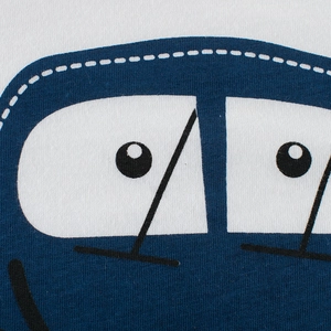 T-shirt bianca da bambino in cotone con stampa auto cartone animato blu e nera