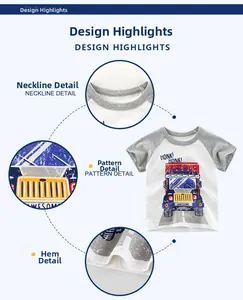 Detail view of cotton t-shirt featuring truck print, ribbed collar and hem stitching