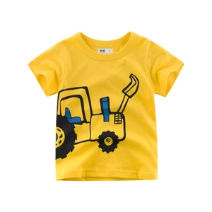 T-Shirt Enfant Manches Courtes En Coton Col Rond Motif Pelleteuse Dessin Animé Jaune Doux Respirant Pour Garçons Filles