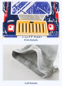 Detail view of cartoon bus print and precision double-stitch sewing on gray cotton sleeve