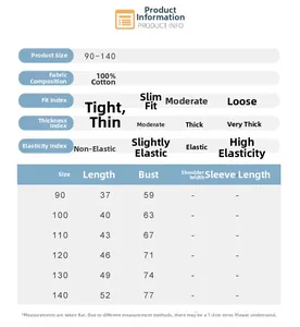 Size chart for 100% cotton kids t-shirt with detailed length and chest measurements