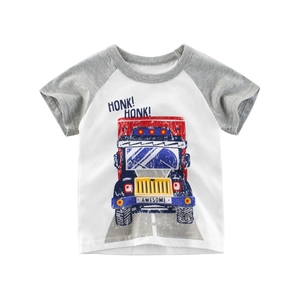 Boys Short Sleeve T-Shirt Pure Cotton Raglan Casual Cartoon Truck Print Round Neck Breathable Summer Tops