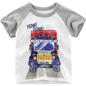 Short sleeve raglan cotton t-shirt for boys featuring a colorful truck print and slogan