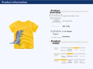 Detailed size chart for children's yellow cotton t-shirt with blue dinosaur print