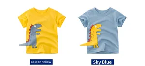 Detail of kids cotton t-shirts with 3D dinosaur tail design in yellow and blue colors