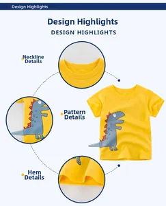 Detail view of cotton kids t-shirt showing round neck, dinosaur print and hem stitching