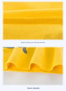 Close-up of double-stitched seams and hem on a bright yellow cotton children's t-shirt