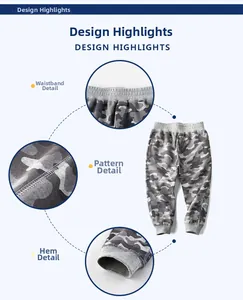 Detail view of boys camouflage sports pants showing elastic waist and ribbed ankle cuffs