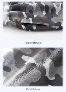 Detail of side pocket and neat overlock stitching on boys camouflage joggers