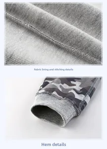Detailed close-up of camouflage joggers showing inner fabric stitching and ribbed cuffs