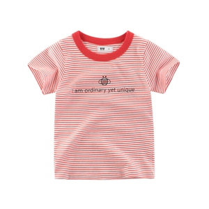 T-Shirt à Manches Courtes en Coton pour Enfants Rayé Décontracté Motif Abeille Impression de Lettres Col Rond Doux Respirant Été Haut Garçon Fille