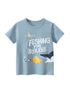 Boys Pure Cotton Short Sleeve T-Shirt Round Neck Casual Cartoon Fishing Printed Summer Top For Toddler Kids