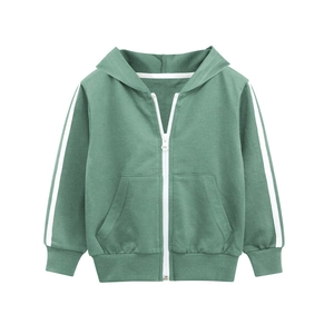 Kids sage green hooded jacket with white side stripes and zip closure for boys