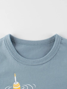 Light blue cotton round neck T-shirt for boys with a fishing float cartoon print