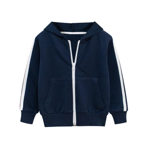 Kids navy blue hooded jacket with white stripes and zipper for spring fashion