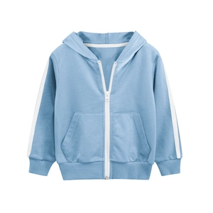 Kids light blue hooded zip-up jacket with white side stripes on sleeves for boys