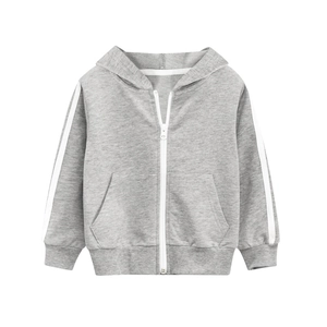 Classic gray hooded zipper jacket for boys with white side stripes and ribbed cuffs