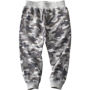 Boy's camouflage jogger pants with elastic waistband and ribbed cuffs in gray knit
