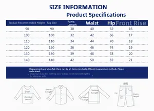 Tableau des tailles détaillé pour shorts d'été enfants de 90cm à 140cm avec mesures