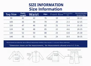 Tabella taglie per pantaloni sportivi da bambino con misure di vita e fianchi per 1-9 anni