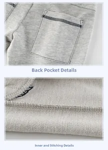 Dettaglio macro della tasca posteriore e cuciture interne dei pantaloni grigi da bambino