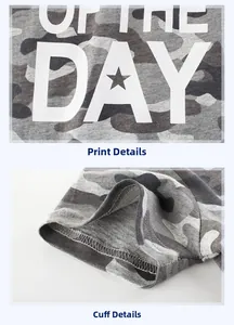 Détail d'un t-shirt camouflage montrant l'imprimé OF THE DAY et couture de manche