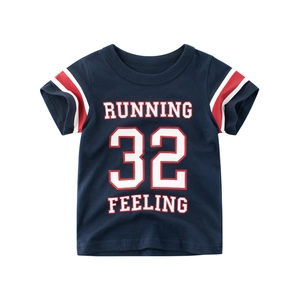 Kids Cotton Short Sleeve T-Shirt Varsity Style Letter Running 32 Feeling Print Round Neck Navy Blue Top For Boys Girls Summer Wear