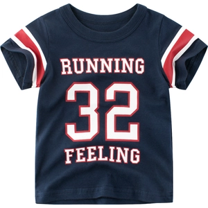 Kids navy blue cotton T-shirt with athletic 32 print and varsity striped sleeves