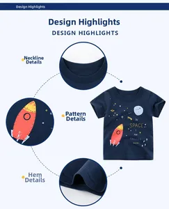 Detail of navy blue cotton kids T-shirt with space print and reinforced crew neckline