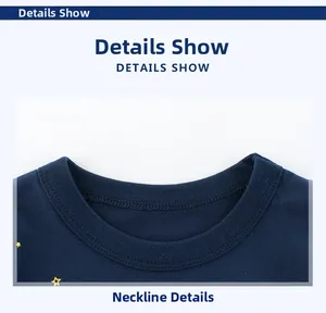 Close-up of navy blue cotton T-shirt neckline with ribbed collar and yellow stars
