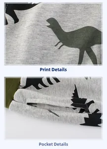 Détail de l'imprimé dinosaure et du bord-côte vert olive sur ce short gris garçon
