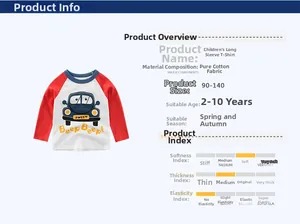 Detail view of cotton long-sleeve kids T-shirt with car print and size chart info