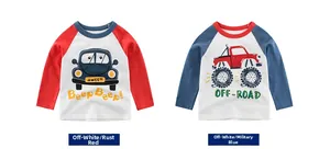 Flat lay of boys raglan sleeve cotton t-shirts featuring car prints in red and navy colors