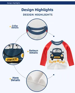 Detail of boys cotton raglan t-shirt showing neck binding and car print texture