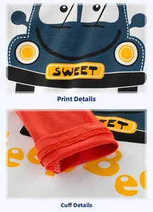 Detail of cartoon car print and orange ribbed cuffs on boys' long-sleeve cotton t-shirt