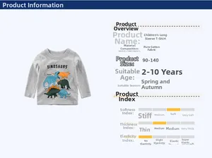 Detailed size chart for kids grey cotton t-shirt featuring dinosaur patterns and text