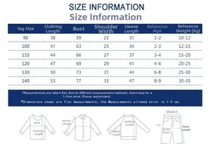 Detailed size chart for children dinosaur long sleeve t-shirt covering ages 1 to 9 years