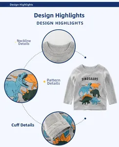 Close-up of neckline, high-quality dinosaur print, and sleeve cuffs on grey cotton tee