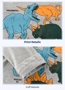 Detailed view of vivid dinosaur prints and precise sleeve stitching on gray cotton tee