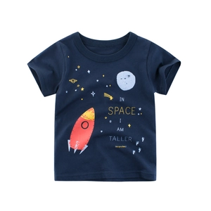 Kids Pure Cotton T-Shirt Space Rocket Cartoon Print Short Sleeve Crew Neck Casual Soft Breathable Navy Blue Unisex Tops