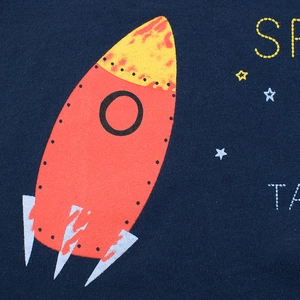 Kids navy cotton summer T-shirt featuring cartoon rocket and star prints on fabric