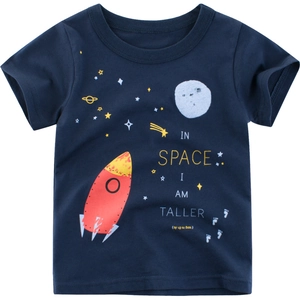 Kids navy cotton short sleeve T-shirt with space rocket and planet print graphic