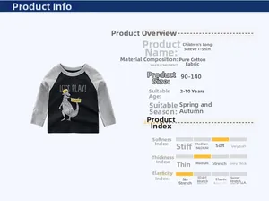 Detail of cotton long sleeve T-shirt for boys with dinosaur print and size chart