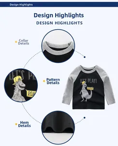 Detail view of cotton neck ribbing, cartoon dinosaur print and double-stitched hem on kids tee