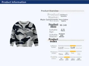 Detail view of cotton camo sweater features and size chart for 2-10 years old kids
