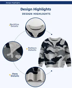 Close-up of kids' camouflage knit sweater showing neckline detail and ribbed cuffs