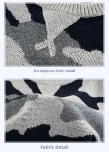 Detail of rib-knit neckline and camouflage fabric texture on kids' sweater