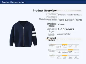 Detail view of navy blue cotton knitted cardigan with zipper and white sleeve stripes
